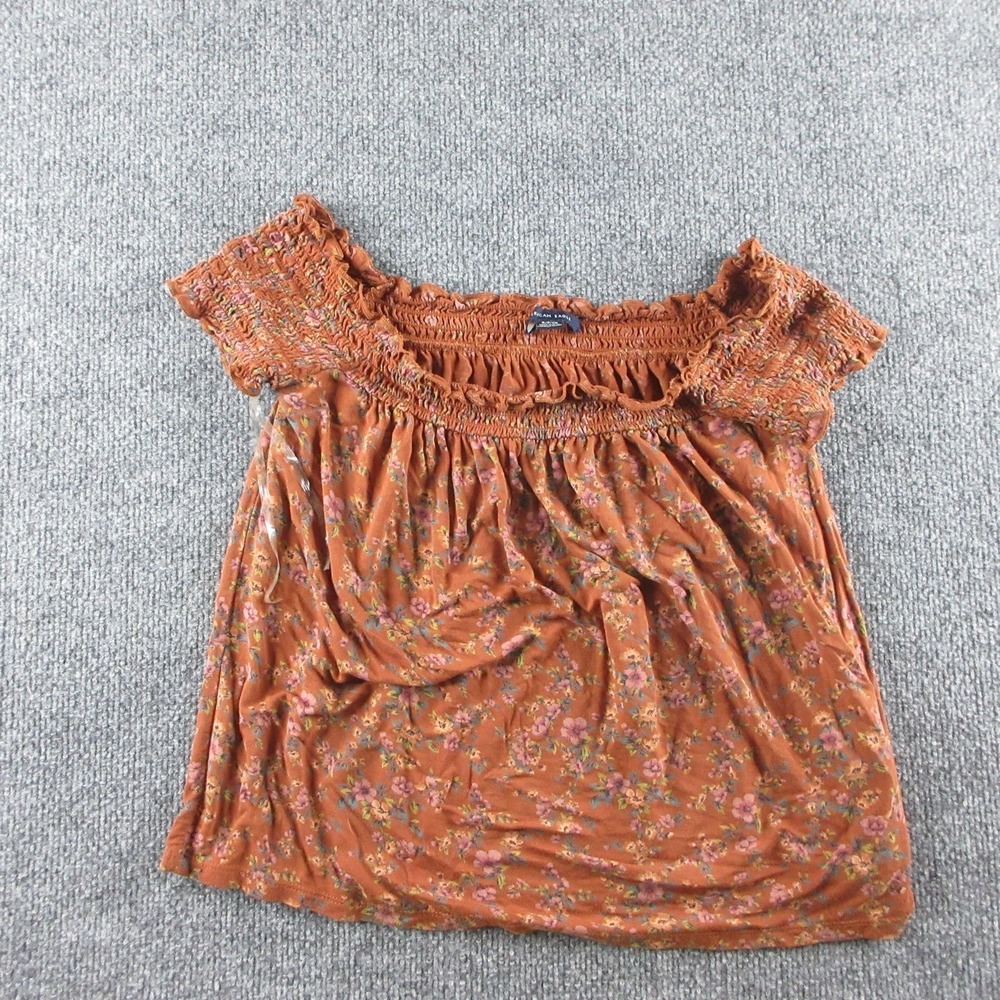 American Eagle‎ Blouse Womens S Orange Floral Off Shoulder Ruffle Smocked Top